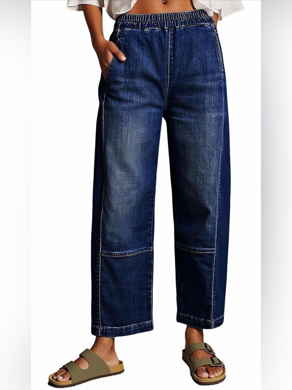 Cicy Bell High Waisted Elastic Waist Dark Wash Cropped Barrel Jeans